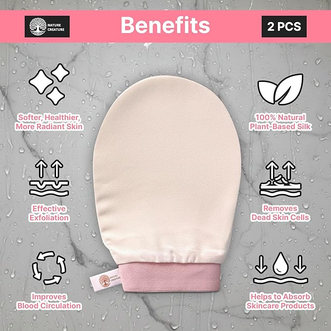 – Vegan Silk Exfoliating Glove (2pcs) for Face, Body, and Hands | Natural Body Scrubber for Dead Skin Removal | Exfoliating Mitt Eco-Friendly, Perfect for Spa, Bath, and Shower
