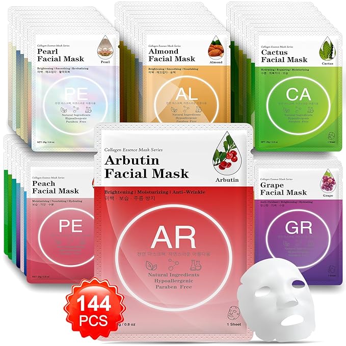 VESPRO 144 Pack Collagen Essence Sheet Facial Masks, Bulk Sheet Masks for Face, Hydrating Facial Masks for All Skin Types, Moisturizing and Soothing, Natural Skincare Spa Face Mask
