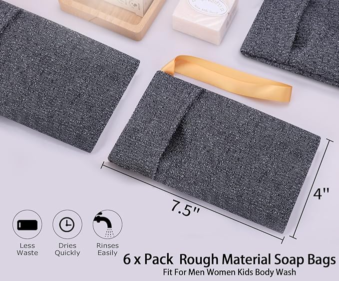 6-Pack Soap Pocket Exfoliating Soap Saver Pouch, Body Scrubber Rough Sponge Exfoliator for Bath or Shower, Gray Mesh Bar Soap Foam Lather Pouch