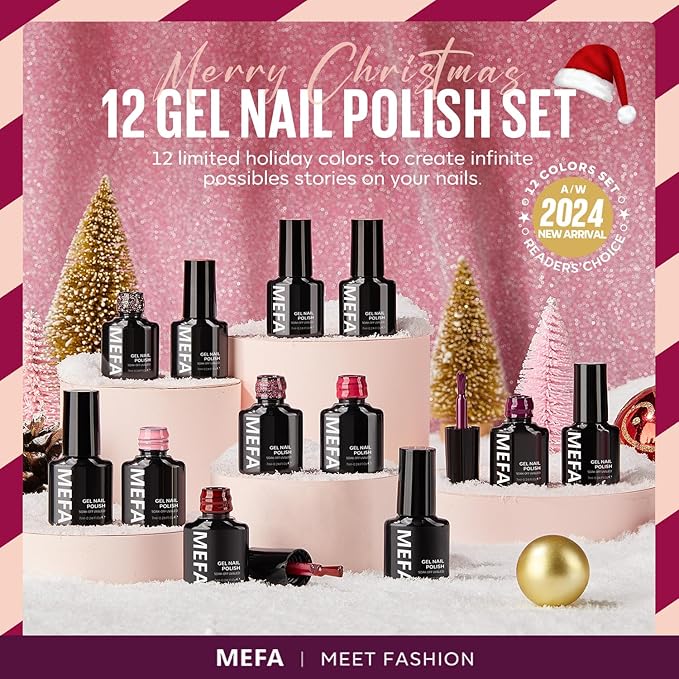 MEFA Christmas Gel Nail Polish Set, 12 Colors Pink Red Gel Polish Set Shimmering Gold Silver Glitter Nail Polish Soak Off Purple Nude White Brown Gifts for Girl DIY Salon Home Manicure