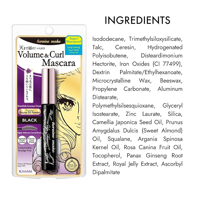 HEROINE MAKE by KISSME Volumizing Mascara Waterproof & Curvy Brush for Eye Makeup | Waterproof Mascara Volume & Length by Defining Fiber for Long-lasting Natural Eyelash Look, from Japan, Black, 1 EA