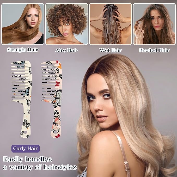 2PCS Wide Tooth Comb,Effortless Tangle Removal for Long Hair Styling Comb for Curly,Wet,Cute Aesthetic Design for Women Men and Girls(Yellwo-Butterfly-05)