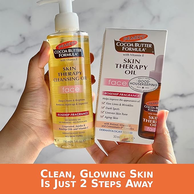 Palmer's Face Oil + Facial Cleanser Oil, Cocoa Butter with Vitamin E & Rosehip Fragrance Skin Care Bundle, Includes 1 Cleansing Oil to Clean & Brighten Skin (6.5 fl oz) and 1 Facial Oil (1 fl oz)