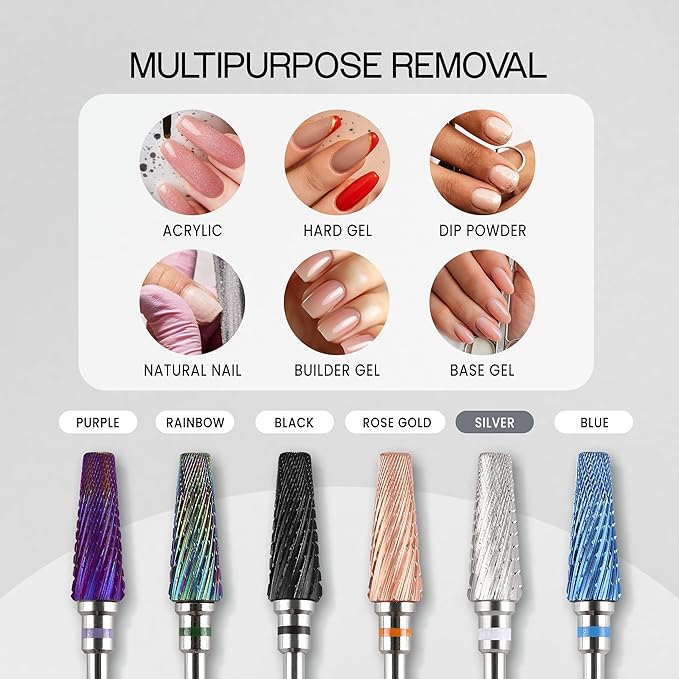 PANA 5-in-1 Pro Upgraded Multi-Function Drill Bit 3/32" Shank Size - (Silver, 2X Coarse to 2X Fine) - Mix Size Tungsten Drill Bit Fast Remove Acrylic Hard Gel Nail for Manicure Pedicure