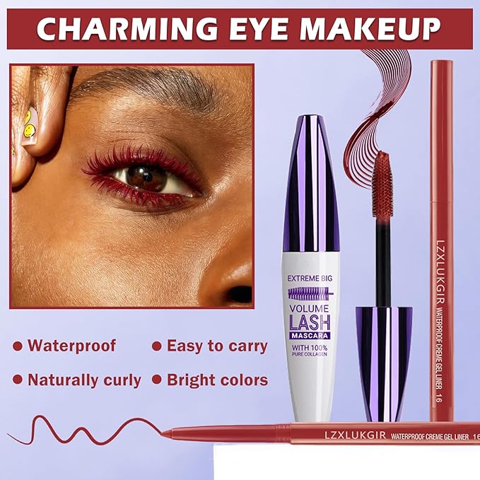 Burgundy Mascara and Eyeliner Set,Natural Curling Red Mascara for Eyelashes,Volumizing Lengthening máscara de pestañas Waterproof,5D Colored Eye Makeup