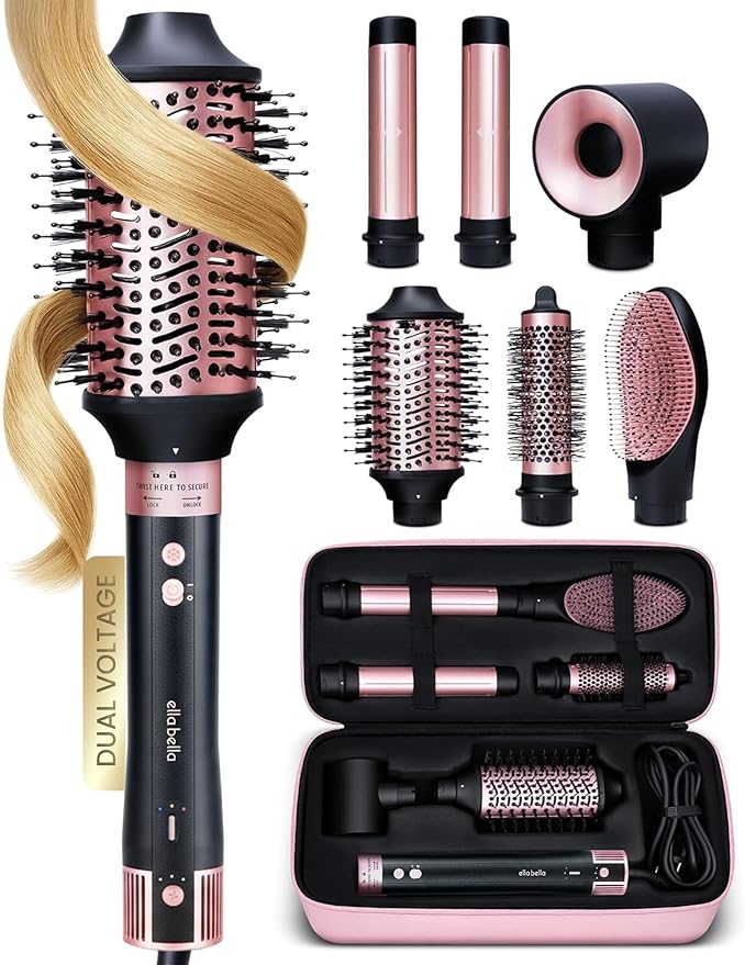 ELLA BELLA® 6 in 1 Professional Hot Air Styler Dual Voltage • Powerful Hair Dryer & Straightener Set • Styling Without Heat Damage • Fast Drying Curling Volumizing Straightening • with Travel Case