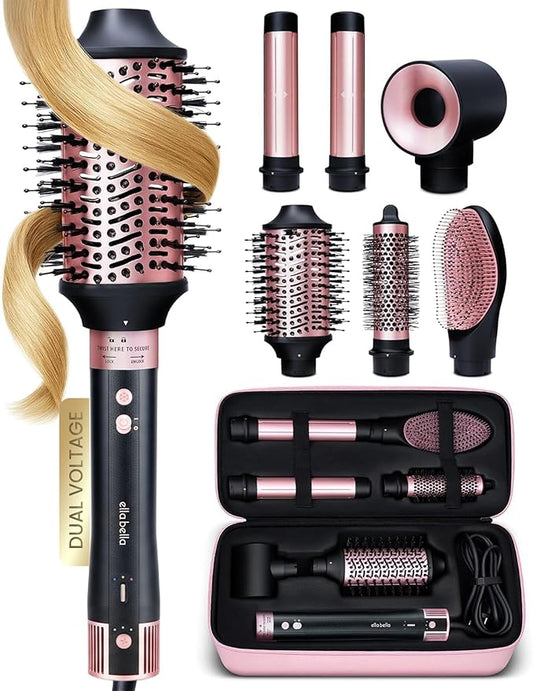 ELLA BELLA® 6 in 1 Professional Hot Air Styler Dual Voltage • Powerful Hair Dryer & Straightener Set • Styling Without Heat Damage • Fast Drying Curling Volumizing Straightening • with Travel Case
