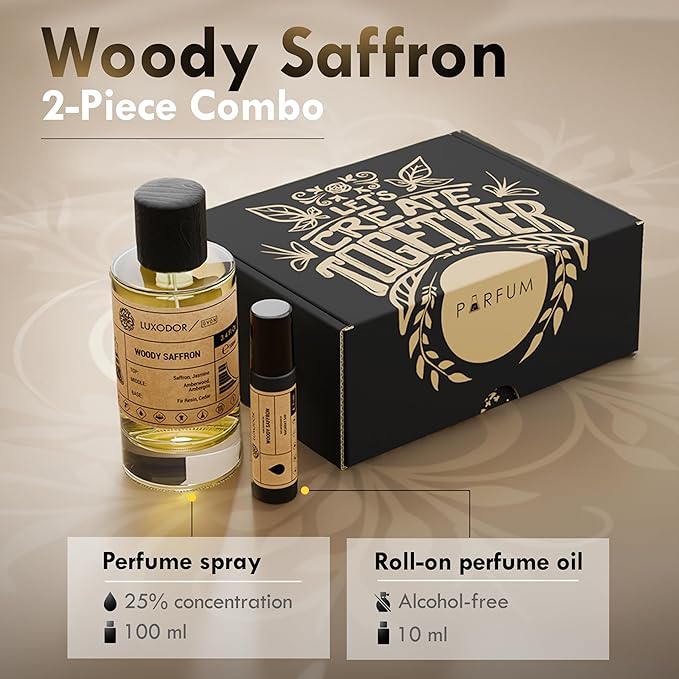 Woody Saffron Perfume for Men & Women, Inspired by MFK Bacarat Rouge 540, 2-Piece Combo of 100 ml Fragrance Spray Bottle and 10 ml Alcohol-Free Roll-On Perfume Oil, Vegan, Paraben-Free, Unisex