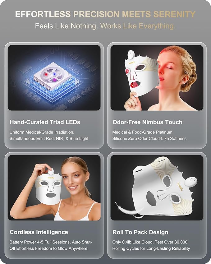 Lumefu Nimbus FDA-Cleared Red Light Therapy Mask For Anti-Aging & Anti-Acne With 3 Treatment Modes Red, NIR & Blue LED Light, Portable 3D Facial Device Comfort Fit, Cordless Skin Care At Home