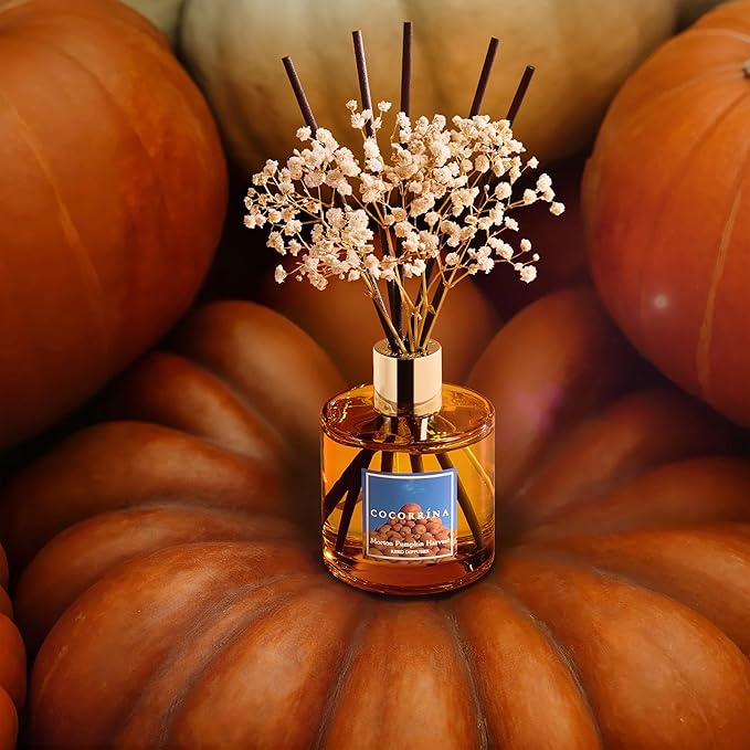 COCORRÍNA Reed Diffuser - Morton Pumpkin Harvest Reed Diffuser Set with 8 Sticks & Preserved Baby's Breath, Reed Diffuser for Home Bathroom Shelf Decor