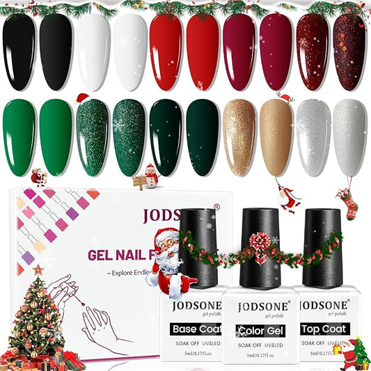 JODSONE Christmas Gel Nail Polish Set 10 Colors with Black White Glitter Red Burgundy & Green Silver Gel Nail Polish DIY Salon for Women Girls Home Christmas Gifts