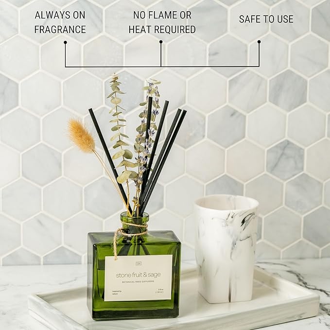 Craft & Kin Christmas Reed Diffuser with Dried Flowers | 5 oz Stone Fruit & Sage Scented Holiday Reed Diffusers for Home, Bathroom | Scent Sticks | Elegant Fragrance Home Decor for Men & Women