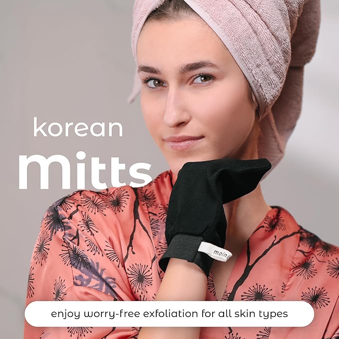 MainBasics Korean Exfoliating Mitts (2-Pack) Deep Cleansing Body Scrubbers for Dead Skin Removal, Spray Tan Prep & Keratosis Pilaris Treatment