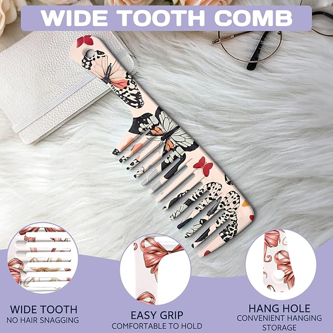 2PCS Wide Tooth Comb,Effortless Tangle Removal for Long Hair Styling Comb for Curly,Wet,Cute Aesthetic Design for Women Men and Girls(Pink-Bow Butterfly-06)