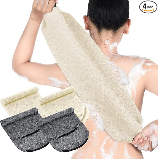 Moukeren Exfoliating Back Scrubber with Handles 4 Pack Nylon Back Exfoliator Extended Length Washers Scrubbers Stretchable Pull Strap Exfoliating Washcloth(Grey, Cream White)