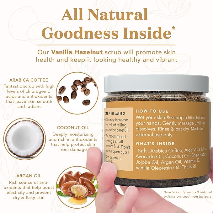 Bare Botanics Vanilla Hazelnut Coffee Body Scrub 24 oz - Naturally Scented Sea Salt Scrub Made in Madison, WI - Formulated w/Skin Loving Moisturizers - Vegan, Cruelty Free w/a Cute Wooden Spoon