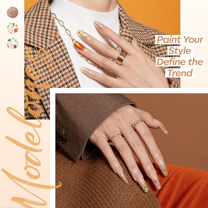 modelones Glitter Gel Nail Polish Set, 6 Colors Fall Geometric Shapes Star Gold Glitter Ornament Gel Polish Collection with Wooden Stick All Seasons Soak Off LED Manicure DIY Gift