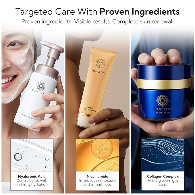 PERFECT ONE Luxury Japanese Skincare Trio Set: Night Cream, Bubble Face Wash, Body Cream | Face Moisturizing Night Cream + Facial Cleanser for Hydration, Firmness & Radiance | Bubble Cleanser Set
