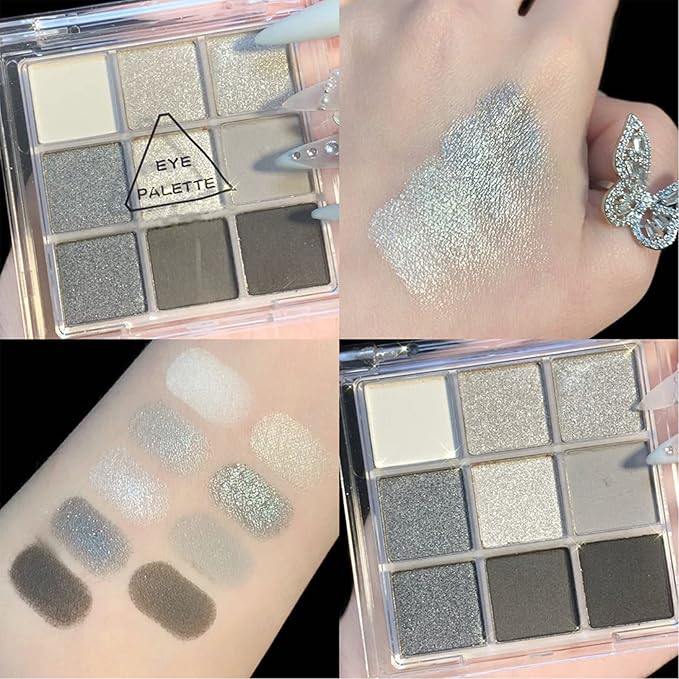 Black Smoky Eyeshadow Palette - Silver Shimmer, Grey, Gold, Brown - 9 Colors - Glitter & Matte Finish - Long Lasting, Waterproof - Pearl Eye Shadow Palette - Includes Eyeshadow Brush