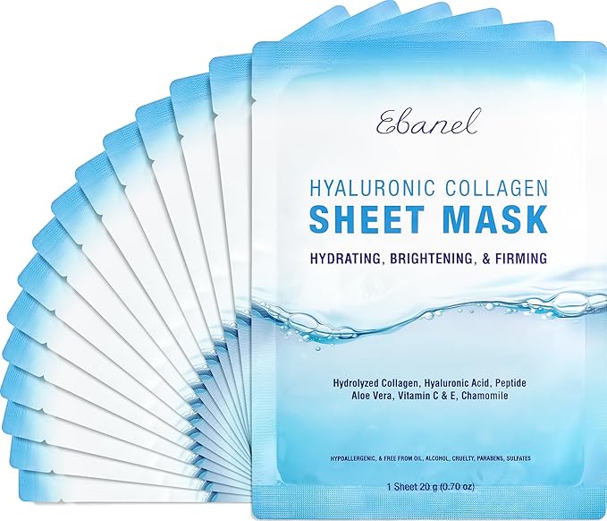 Ebanel 15 Pack Collagen Face Mask with Hyaluronic Acid, Vitamin C, Peptide, Aloe, Instant Brightening Hydrating Face Masks Skincare Korean Sheet Mask, Skin Firming, Lifting Anti Aging Facial Masks