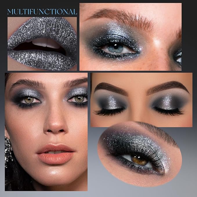 Black Gray Glitter Eyeshadow, Metallic Cool Toned Grey Silver Smoky Single Eyeshadow, Sparkling Inner Corner Eye Highlighter Shimmer Eye Makeup Palette 05