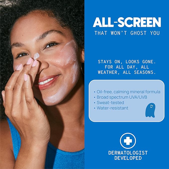 Ghosted Mineral All-Screen - Oil-Free SPF 30 Face Sunscreen - Dermatologist Developed with Cloud Feel Bisabolol for Daily All-Weather Care - Reef Safe, Water-Resistant, Blends Into Skin (1.7oz)