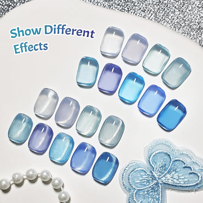 JODSONE 9 Blue Jelly Colors Gel Nail Polish Set Base Coat and Top Coat Soft Shimmery Blue Colors DIY Nail Art at Home