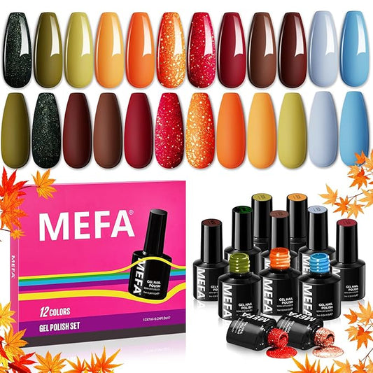 MEFA Fall Gel Nail Polish Set, 12 Colors Orange Burgundy Red Gel Polish Set Flash Dark Red Glitter Nail Polish Shimmer Nude Brown Blue Yellow Nail Gifts for Women Girl DIY Salon Home Spring Summer