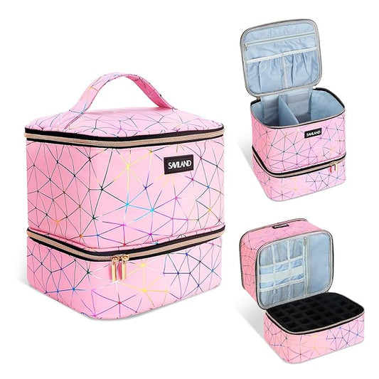 SAVILAND Nail Polish Organizer Bag: PU Leather Nail Polish Storage Organizer Holds 30 Bottles & Nail Lamp, Nail Polish Holder Travel Carrying Case Box Nail Tech Organizer Storage Bag for Nail Supplies