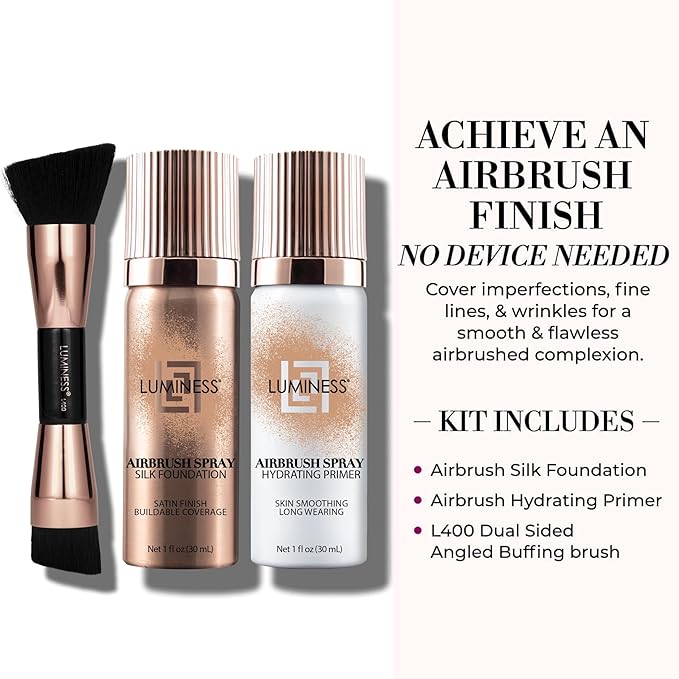 LUMINESS Silk Airbrush Spray Foundation 3-PC Kit - Foundation, Primer & Dual-Sided Angled Makeup Brush - Buildable Coverage, Anti-Aging Formula, Humidity Resistant, Hydrates & Moisturizes, Warm