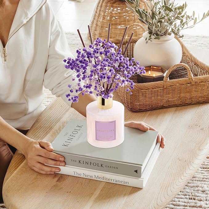 COCORRÍNA Reed Diffuser - Lavender Garden 6.7 Fl.oz Reed Diffuser Set with Sticks & Preserved Baby's Breath, Reed Diffuser for Home Bathroom Shelf Decor