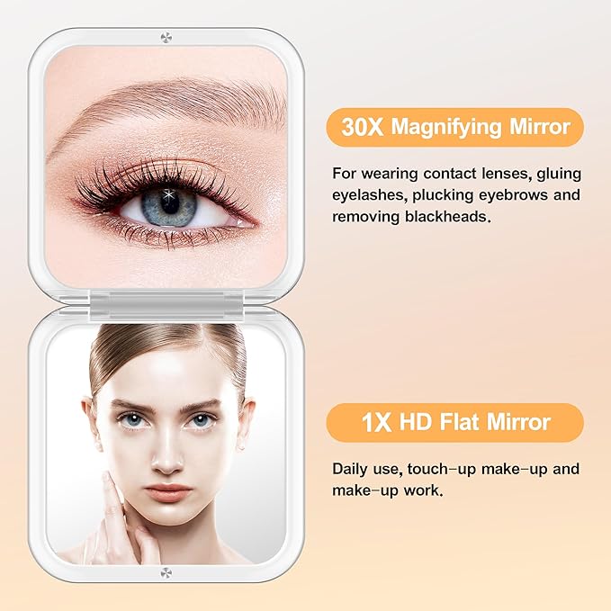 MIYADIVA Compact Mirror, 30X Magnifying Mirror, Pocket Mirror for Purse, Travel Makeup Mirror with 30X/1X Magnification, Travel Essentials Mirrors, Precision Tweezers, Present for Girls