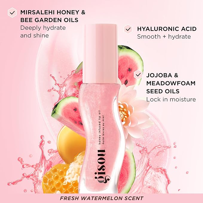Gisou Honey Infused Hydrating Lip Oil, Nourishing Lip Moisturizer for Dry Lips, 0.27 fl oz (Watermelon Sugar)