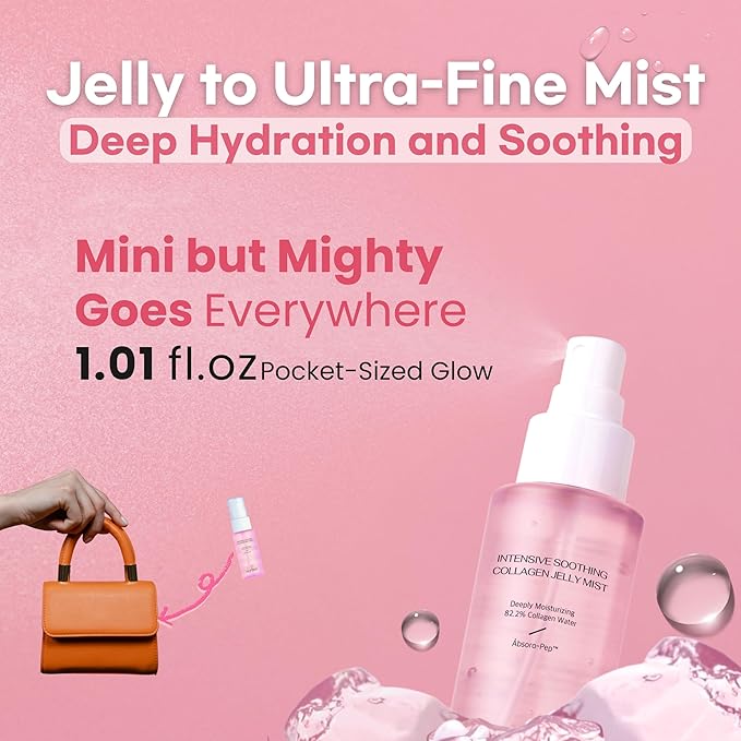 Intensive Soothing Collagen Jelly Mist, Deep Hydrating Pink facial mist, Elasticity Moisturizer, Dewy Glow Spray, Hyaluronic Acid, Lightweight Gentle for All Skin, Korean skin care 1.01 fl oz