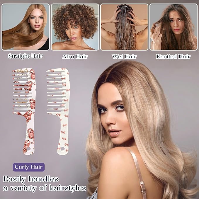 2PCS Wide Tooth Comb,Effortless Tangle Removal for Long Hair Styling Comb for Curly,Wet,Cute Aesthetic Design for Women Men and Girls(Pink-Bow-03)