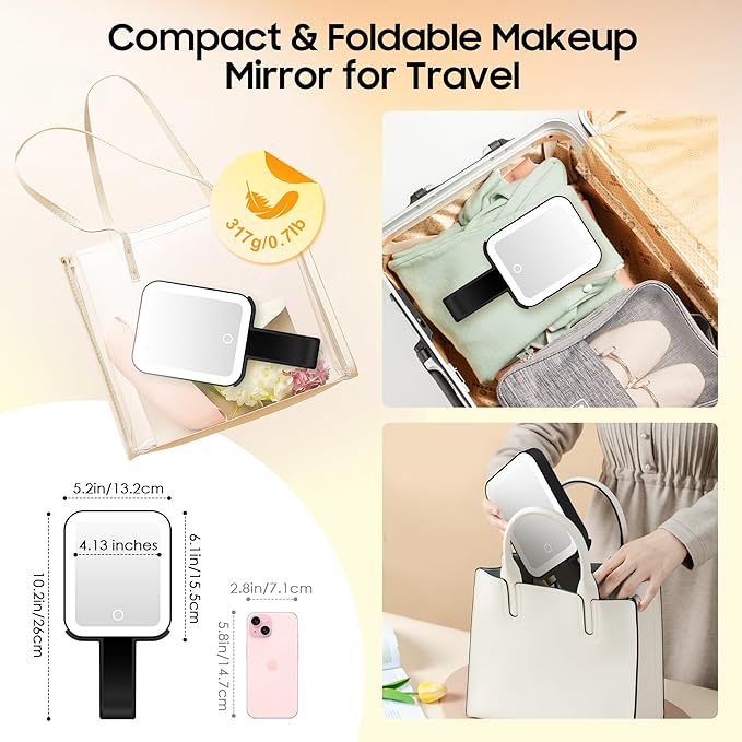 B Beauty Planet Small Travel Makeup Mirror with Lights(10" L x 5" W), Double-Sided 1X/30X Magnifying Mirror, 3 Color Lighting & Brightness Adjustable, Portable &Foldable Mirrors with Light (Black)