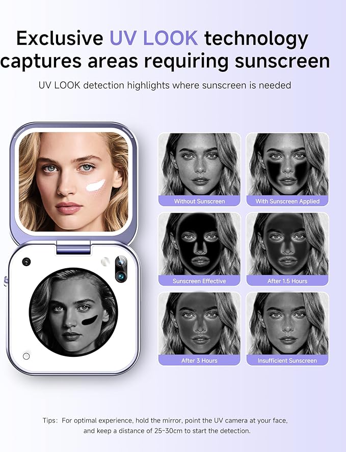 inewme UV Camera Mirror for Sunscreen Test, 3-Color LED Light with Real-Time UV & Humidity Sensor, Portable Travel Makeup Mirror, Compact Skin Care Tool