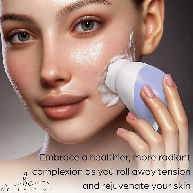 Bella Ciao 6-Piece Facial Cleansing and Exfoliating Set with Soft Facial Brush, Rolling Massager Head, Latex Sponge, Makeup Sponge, and Callus-Remover Disc, Batteries Not Included, Lavender