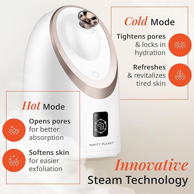 Senia Hot and Cold Facial Steamer by Vanity Planet - Detoxifying Aromatherapy Facial Steamer with Smart Steam Technology - Unclog Pores & Blackheads Cleaner Detoxifies, Cleanses & Moisturizes Skin