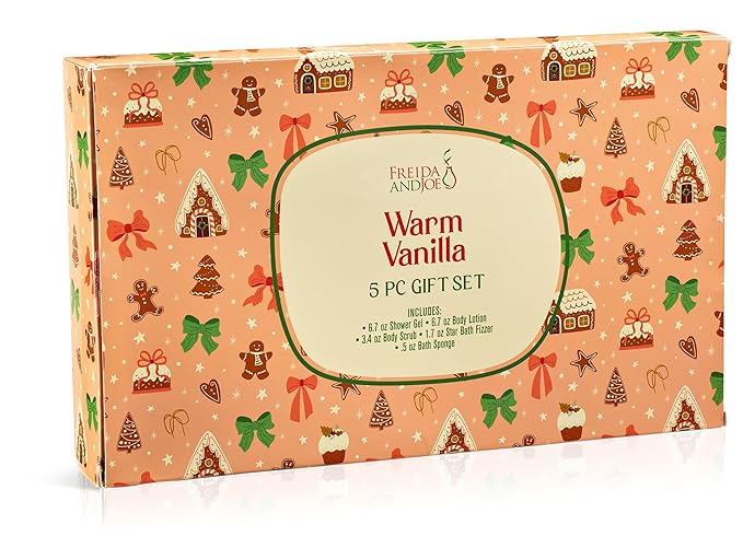 Freida & Joe Fragrance Bath & Body Collection Gift Box, Includes Shower Gel, Body Lotion, Body Scrub, Bath Bomb & Sponge (Warm Vanilla 3.0)