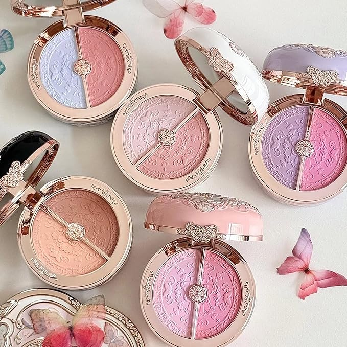 Flower Knows Butterfly Cloud Collar Rouge Box Highlighting & Blush Duo Powder,Blue+Pink Matte Finish Blush & Highlighter Palette,Buildable & Blendable Makeup Blush for cheeks(02 Seaborne Moon)