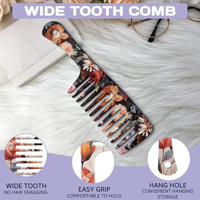 2PCS Wide Tooth Comb,Effortless Tangle Removal for Long Hair Styling Comb for Curly,Wet,Cute Aesthetic Design for Women Men and Girls(Black-Flowers-08)