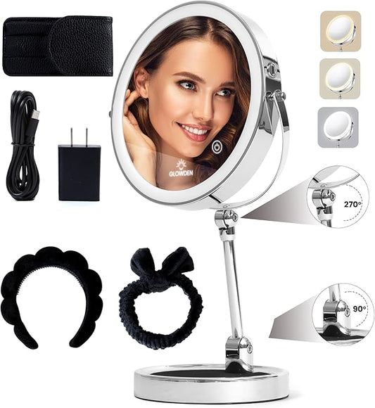 Smart 9" LED Light Makeup Mirror, Rechargeable, 1X/10X Magnifying Vanity Mirror with 3 Color Lights, Height Adjustable, Large Tall 360° Swivel Double Sided Standing Travel Mirror (Chrome)