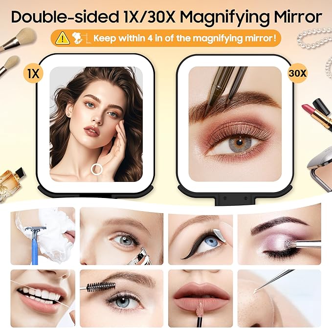 B Beauty Planet Small Travel Makeup Mirror with Lights(10" L x 5" W), Double-Sided 1X/30X Magnifying Mirror, 3 Color Lighting & Brightness Adjustable, Portable &Foldable Mirrors with Light (Black)