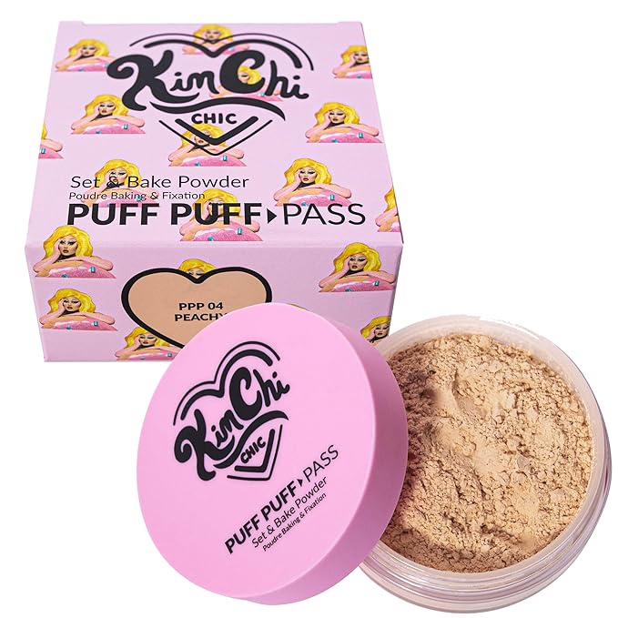 KimChiChic Beauty Puff Puff Pass Set and Bake Setting Powder for Makeup, Extra Fluffy Loose Face Powder Poof, Soft Natural Face Makeup for Uneven Skin Tone, 04 Peachy