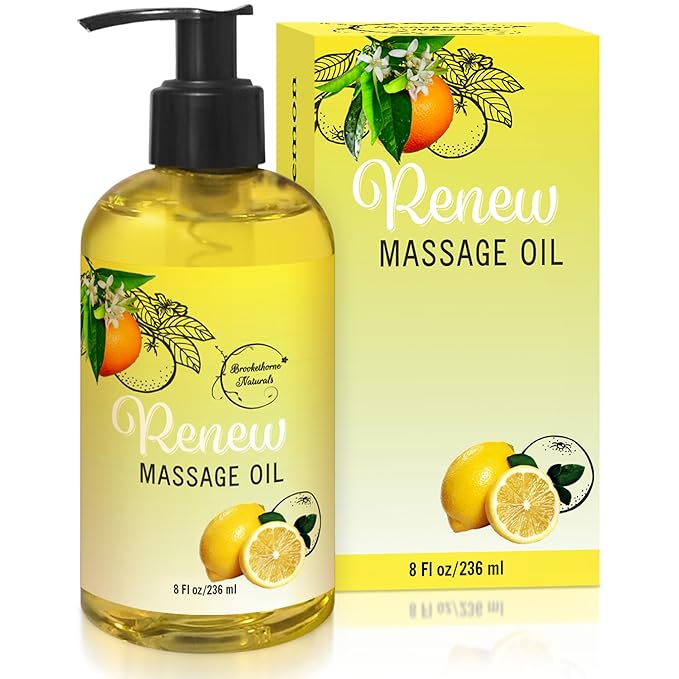 Renew Massage Oil with Orange, Lemon & Peppermint Essential Oils - Great for Massage Therapy or Home use. Ideal for Full Body – with Almond, Grapeseed & Jojoba – by Brookethorne Naturals