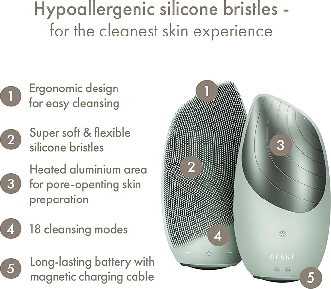 GESKE SmartAppGuided Sonic Thermo Facial Brush | 6 in 1 | Skin Cleansing | Cleansing Brush with Thermal Function | Electric Facial Massager