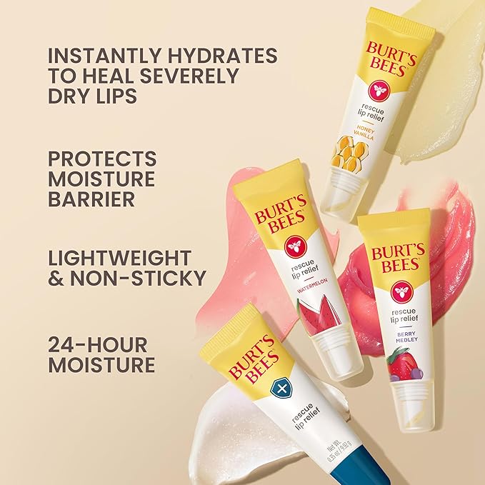Burt's Bees Stocking Stuffers, Rescue Lip Relief, Watermelon, Hydrating Lip Balm for Dry Cracked Lips, with Responsbily Sourced Beeswax and Shea Butter, 100% Natural Origin, 1 Squeezy Tube, 0.35oz