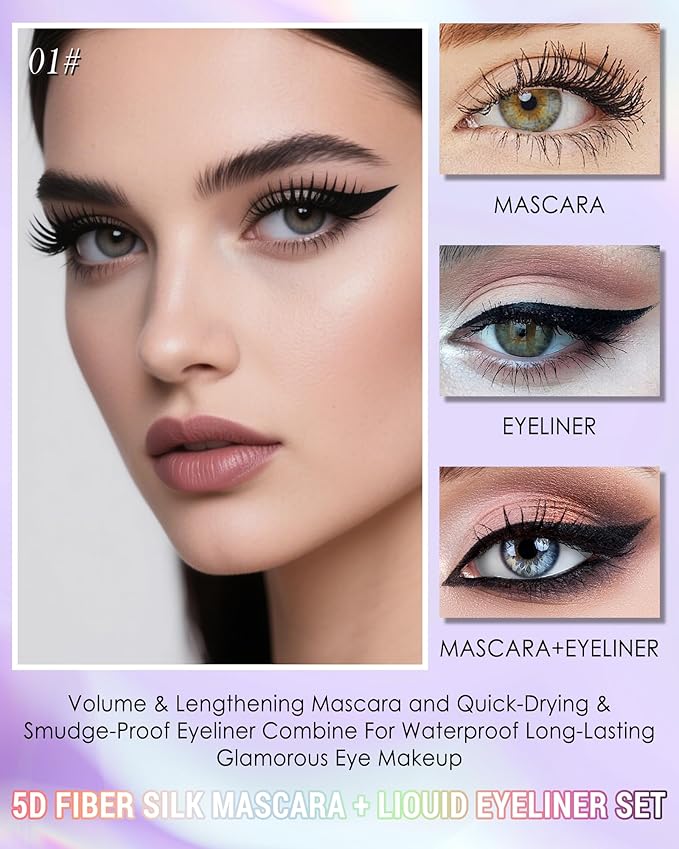 Black Mascara Liquid Eyeliner Set, Update Longlasting Waterproof Color Eye Liner Pen, 5D Silk Fiber Colored Mascara Volume and Length, Christmas Party Stage Use Eye Makeup Gift Kit for Women Girl-01