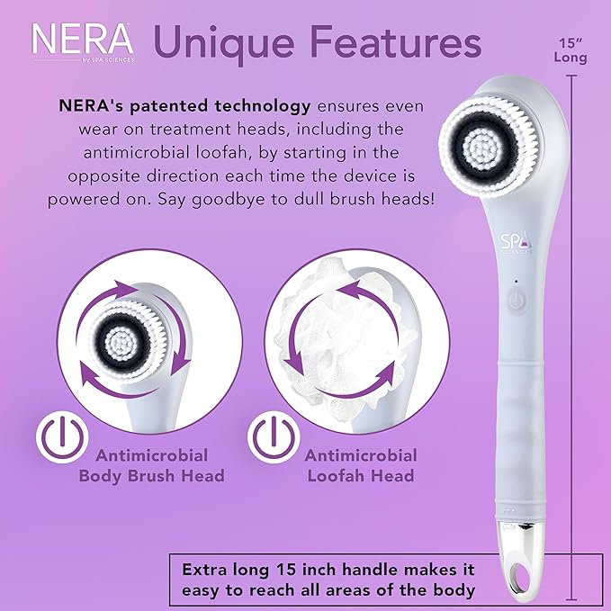 Spa Sciences - NERA - 4-in-1 Shower/Bath Body Brush for Exfoliation, Deep Cleansing, Foot Care, Lotion Infuser, and Massage